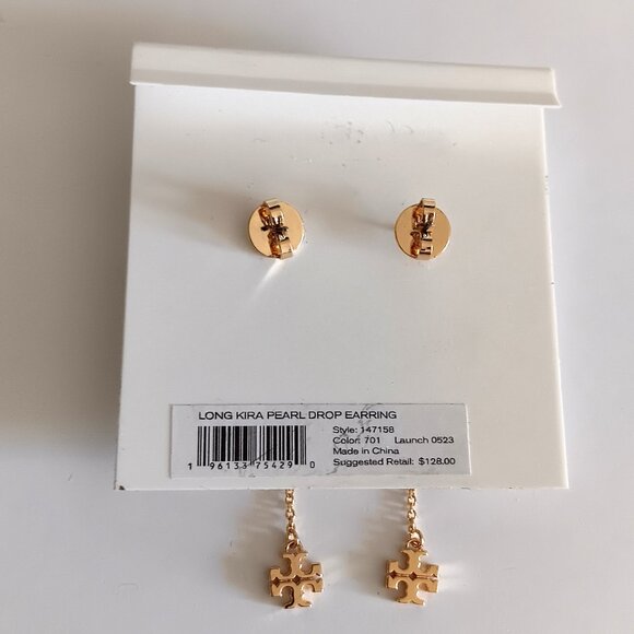 Tory Birch Kira Pearl Drop Gold Tone Pierced Earrings NEW - Picture 2 of 2